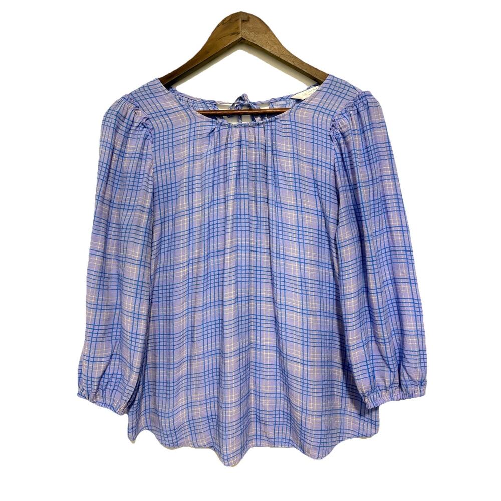 LC Lauren Conrad Purple Plaid Blouse Small Puff Sleeve Tie Back Cottagecore Top